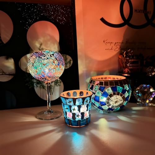 Glass Tealight Candle Holder, 3Pcs Blue Handmade Mosaic Votive Candle Holders, Wedding Dinner Party Tea Light Holder for Centerpiece Table Decorations, Vintage Home Room Decor