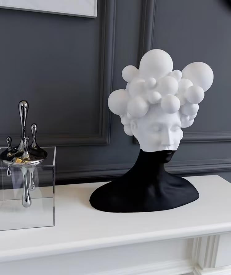 Modern Abstract Resin Sculpture, Black and White Bust with Bubble Crown Design, Contemporary Art Decor