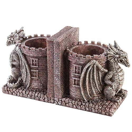 Bookends Dragon,Guard Castle Resin Decorative Bookends for Heavy Books with Pencil Holders, Fantasy Themed Book Holder for Home and Office - color: Stone Color