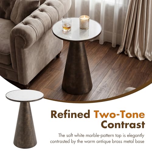 Hyfirm Antique Brass Pedestal End Table with Faux White Marble Top, 16x16x23 Round Drink Table for Living Room, Vintage Industrial Metal Side Stand for Couch & Accent Chairs in Small Spaces