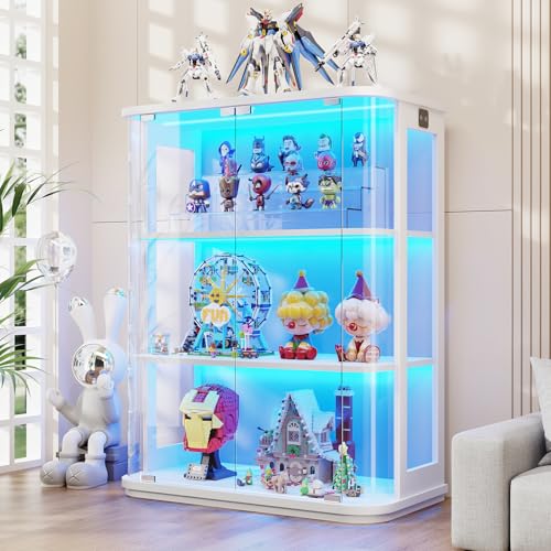 BROTTAR Rounded Display Cabinet with Glass Door, 3-Tier Curio Cabinet with 3 Color Lights for Collectibles, Glass Display Case with Transparent Full-Display Surface, Human Body Sensor, White - color: White