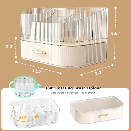 Makeup Organizer Countertop with 360 Rotating Brush Holder, Make Up Organizers For Vanity With Drawer, Bathroom Countertop Skincare Organizer And Storage - size: 2-layer