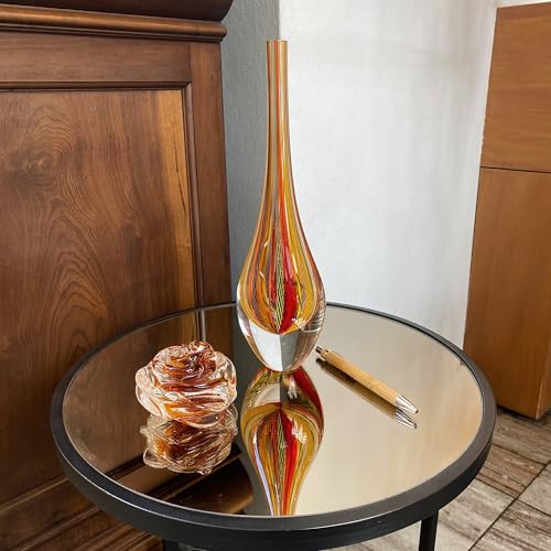 Ca D Oro Small Drop Glass Vase Boho with Red/Yellow Canes Hand Blown Murano-Style Art Glass - Model Tall - color: Red