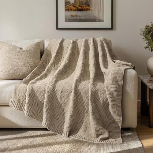 EVERGRACEHOME Modern Checkered Chenille Throw Blanket, Soft Cozy Plaid Knitted Blanket for Sofa & Couch, Decorative Knit Throw for Bed and Living Room, Sand Dune, 60" x 80" - color: Checkered Sand Dune, size: 60" x 80"