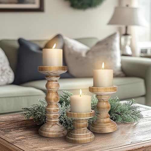 Candle Holder for Pillar Candle Set of 3, Farmhouse Wood Candle Holder, Rustic Wooden Candle Stand, Vintage Tall Candle Stand Decorative for Living Room, Table Centerpiece,Brown - color: Washedbrown