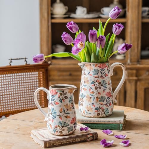 Vintage Colorful Flower Ceramic Vase with Handle, Retro Ice Glazed Crack Farmhouse Pitcher Vase for Home Decor, Living Room, Shelf, Office, Rustic Table Centerpiece 7 Inch - color: Phoenix Tail Flower, size: Small Pitcher