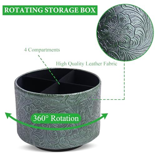 lizimandu Round Leather Art Supply Organizer,Remote Control Holder,360 Degree Spinning,Multi-Functional Pencil Holder,4 Compartments Desktop Stationary Organizer(1-Carved Metal Green1) - color: 1-Carved Metal Green1