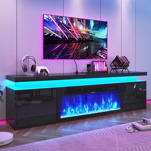Hlivelood 70" tv Stand w/ 36" Fireplace Up to 80" TVs,High Gloss LED Fireplace TV Stand Entertainment Center for 70/75+/80 inch TV, Modern Media TV Console Cabinet for Living Room,Black - color: Black, size: 70" TV Stand with 36" Fireplace