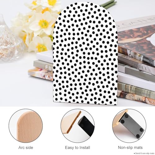 Wooden Bookends 2 Pcs,Black and White Polka Dots Heavy Duty Office Book Ends Anti Slip Book Shelf Holder with Metal Base Decorative Book Stands - color: Black and White Polka Dots