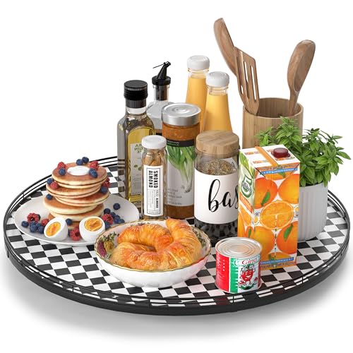 21" Black and White Kitchen Lazy Susan Turntable, Round Checkered Decorative Tray, Large Lazy Susan for Dining Table Centerpiece, Pantry, Kitchen, Bathroom, Countertop, Cupboard, Home Decor - color: Black & White, size: 21 inches