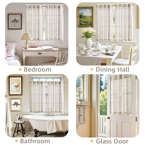 jinchan Boho Kitchen Curtains 24 Inch Grey Linen Tier Curtains with Geometric Pattern Bohemian Cafe Small Light Filtering Window Treatment for Living Room RV Back Tab 2 Panels Grey on Linen - color: Liora | Grey on Linen, size: 26"W x 24"L (Pack of 2)