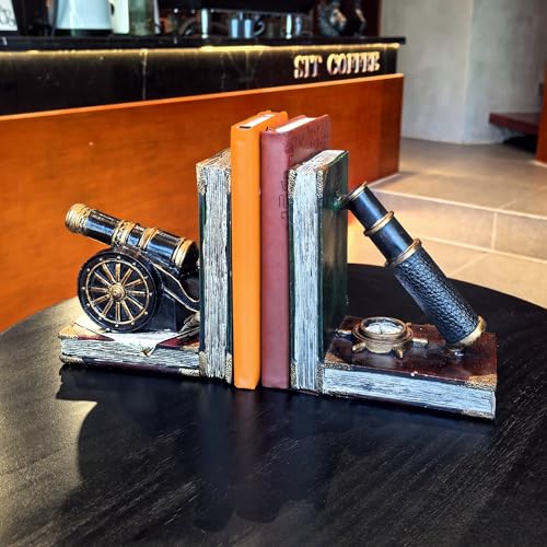 Brown Nostalgic Nautical Bookend Telescope Book Supports Anti-Slip Base Resin (Set of 2) Book Ends to Hold Books Nautical Enthusiast Home Office Shelf Bookcase Decor Gift