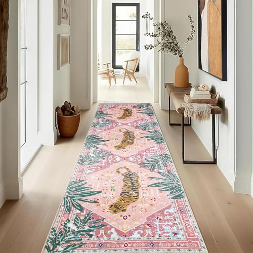 Oriental Tropical Kitchen Runner Rug 2x5 Washable, Thin Stain Resistant Pink Boho Bathroom Runner Rug for Hallway Entryway Bedroom Laundry, Vintage Abstract Hippie Botanical Long Carpet - color: Pink, size: 2' x 5'