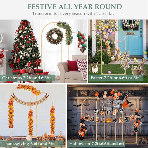WellSign Balloon Arch Stand,7.2FT, 6.6FT, 6FT Set of 3 Metal Gold Wedding Backdrop Arch Stand Kit for Valentine Baby Shower Engagement Party Event Decoration Garden Floral Balloon Arch with Base - size: 7.2F+6.6FT+6FT