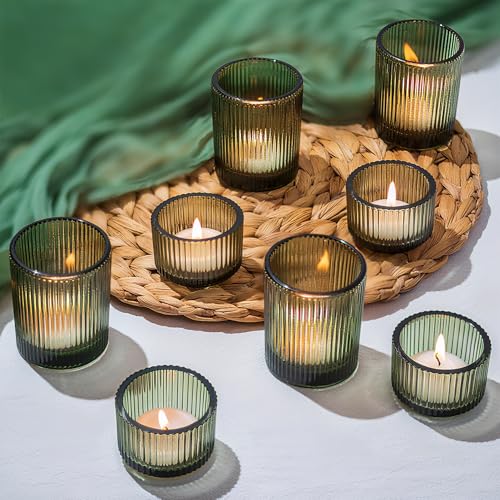 Glasseam Glass Votive Candle Holders: 8 PCS Ribbed Green Tea Lights Candle Holder Set Vintage Small Tealight Holders for Table Centerpiece Christmas Party Decor - color: Dark Green