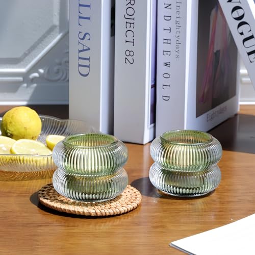 Woho Ribbed Glass Votive Candle Holders Set of 6, Vintage Tealight Candle Holder for Wedding Decor, Elegant Tea Lights Candle Holder for Dinner Table/Christmas Decorations(Green, 2.1" H X 2.75" D) - color: Green