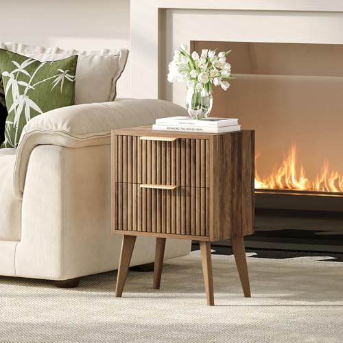 YAUKOMEL Mid Century Modern Nightstand,Small Bedside Table with 2 Drawers,Fluted Side Table,Walnut Brown End Table for Living Room,Bedroom,Small Space,Caramel Oak 11.8" D x 15.7" W x 22.8" H CTG55BR - color: Caramel Oak, style: Fluted Style