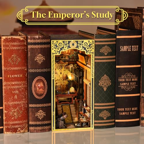 MiniCity DIY Book Nook Kit for Adults, 3D Wooden Puzzle Bookend Bookshelf Insert Decor with LED Light and Dust Cover (The Emperor's Study) - style: The Emperor's Study