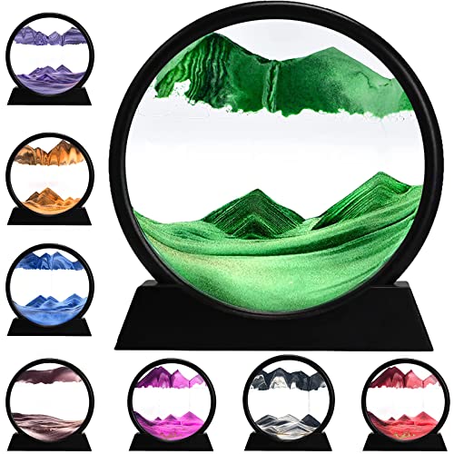 rysnwsu 3D Dynamic Sand Art Liquid Motion, Moving Sand Art Picture Round Glass 3D Deep Sea Sandscape in Motion Display Flowing Sand Painting Relaxing Desk Toys (Green, 12'') - color: Green, size: 12''