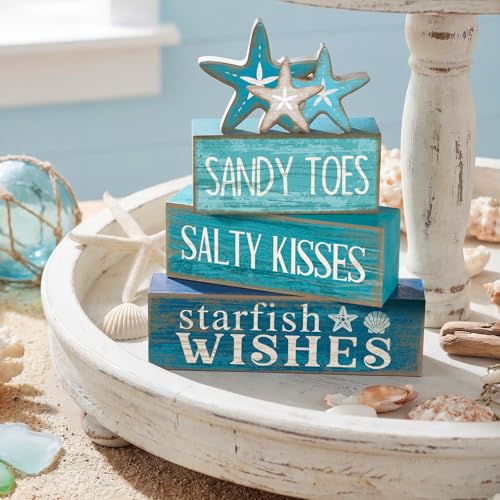 Yuntau 4 Pcs Summer Table Decorations Beach Tiered Tray Decor Starfish Coastal Rustic Wooden Block Sign Stacked Book Nautical Table Centerpiece for Farmhouse Home Living Room Office Desk Shelf Mantel - style: Starfish