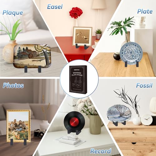 DEBETOOL Wooden Plate Stand for Display - 8.8 Inch Wooden Picture Frame Holder Decorative Tabletop Easel for Plates, Photos, Recipes | Solid Wood Durable & Space-Saving Design