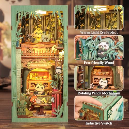 Fsolis Book Nook Kit – DIY Miniature Kit for Adults Tiny House Booknook 3D Wooden Puzzles Decorative Bookends Gifts for Women Book Lovers (Panda Bookshop - style: Panda Bookshop