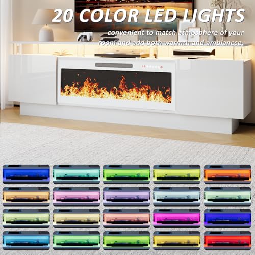 LEMBERI 70" Fireplace TV Stand for TVs up to 80 Inches with White 36'' Electric Fireplace & Remote, Modern Entertainment Center with LED Light,Woodeen TV Console for Living Room, 8 Acrylic Posts, Wht - color: White With White Fireplace (Acrylic Posts), si