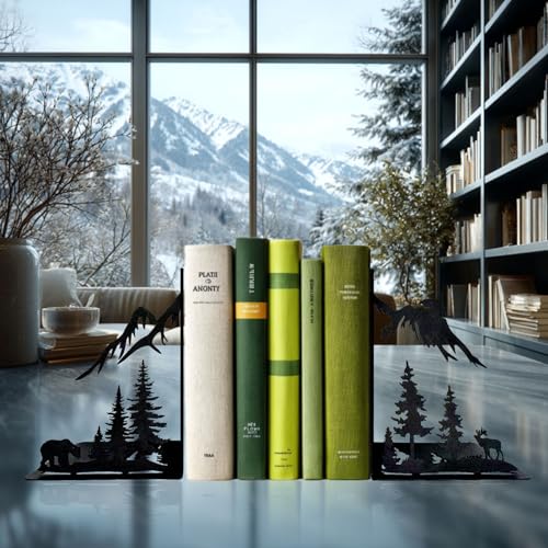 Mountain Forest Book Ends Decorative for Shelves, Cute Metal Bookends for Heavy Books, Unique Laser Cut Book Holders, Black Book Stopper for Home Office, Decorative Bookends for Shelf Decor - color: Forest