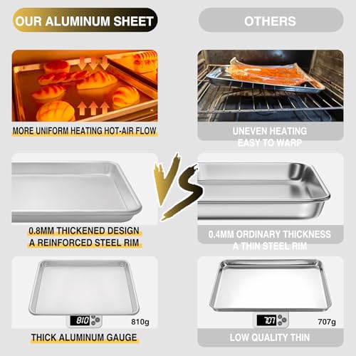Commercial Quality Baking Sheet Pan Set, Natural Aluminum Cookie Sheet, Umite Chef Encapsulated Galvanized Steel Rim Warp Resistant Baker's Quarter Sheet Pan, Cookie Tray Pans for Baking, Roasting - size: 13x9.5in