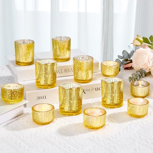IMAGE Votive Gold Candle Holders, Elegant Glass Tea Light Holder for Weddings, Diwali, Home Decor, Shower, Party & Gift (12)