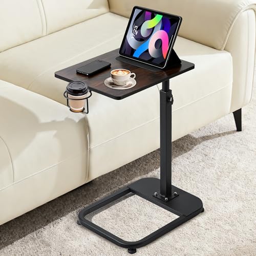 facka Adjustable TV Tray Table with Rounded Metal Corners, C-Shaped Snack Table for Couch, Sofa, Bed or Chair, Small Space Side Table for Eating, Dinner, or Laptop Use - color: Rustic Brown