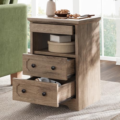 LIKIMIO Night Stand, Modern Bedside Table with 2 Drawers, Open Shelf, End Table with Pull-Out Tray, Wood SideTable, Grey Oak - color: Grey Oak