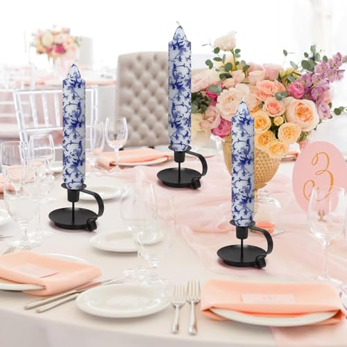 NJAO HOO Floral Taper Candles 7 Inch Short Candlesticks Hand Printed Blue and White Candlesticks Unscented Tapered Candle Set for Spring Home Garden Decor, 4Pcs - color: Blue White, size: 7 In