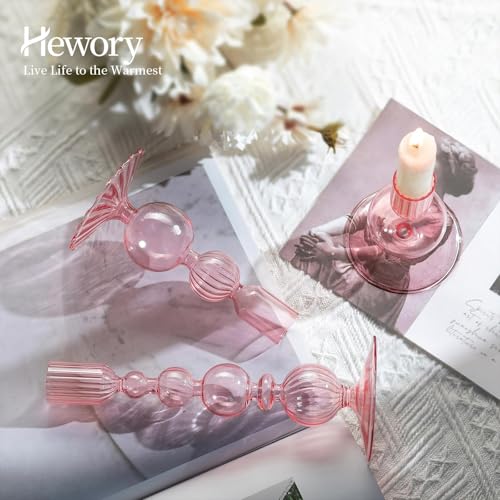 Hewory Glass Candlestick Holders Set: 3PCS Pink Candle Holder Taper Candle Holders Bulk, Crystal Ribbed Candle Sticks Holder Decor for Table Centerpiece Wedding Christmas Thanksgiving Dinner - color: Pink