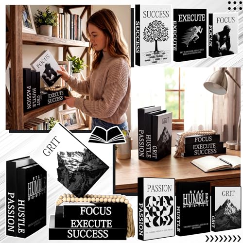 Menkxi 6 Motivational Decorative Books with Wood Bead Tassel Garland - Modern Faux Books for Office Desk, Bookshelf & Coffee Table Decor - Inspirational Aesthetic Black & White Fake Book Box Set - style: Focus