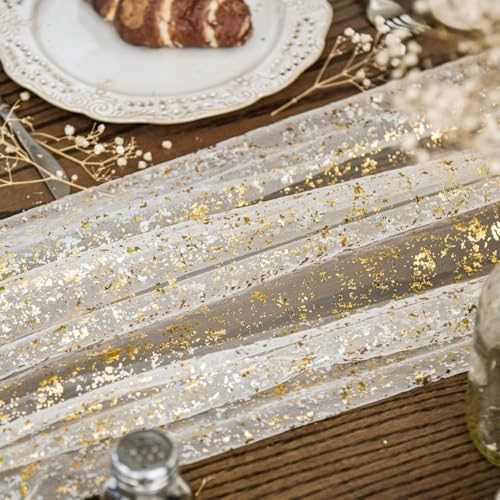 Artoid Mode Beige Gold Gauze Table Runner 120 Inch 10FT, Glitter Metallic Foil Sheer Dining Wedding Anniversary Holiday Birthday Table Decor for Home Party - color: Beige Gold, size: 28" x 120"