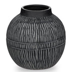 7" Short Rustic Vase with Geometric Linear Striations, Round Ceramic Vase Suitable for Leaves Stems & Flowers, Low-Profile & Cool Tone Style, Chunky, Small & Dark Grey - color: 7" Dark Grey
