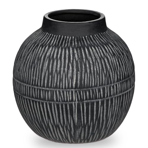 7" Short Rustic Vase with Geometric Linear Striations, Round Ceramic Vase Suitable for Leaves Stems & Flowers, Low-Profile & Cool Tone Style, Chunky, Small & Dark Grey - color: 7" Dark Grey