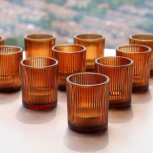 VOHO Amber Candle Holders for Votive Candles/Tea Lights Candles, Ribbed Votive Candle Holders for Table Centerpiece, 12pcs Tealight Candle Holder Decor for Thanksgiving & Christmas - color: Brown