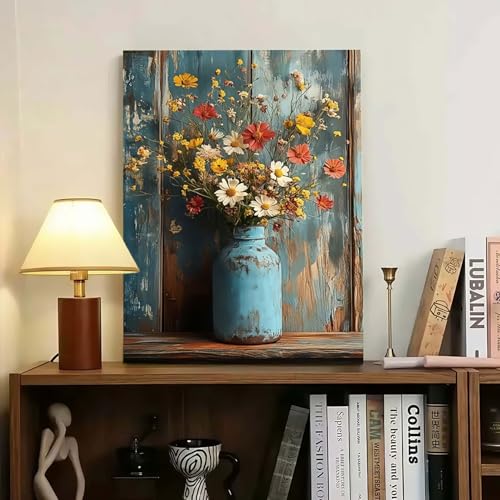 Framed Oil Painting Style Print Antique Metal Vase Wildflowers Pattern Background Rustic Vintage Floral Art Farmhouse Decor Rustic Wall Art Floral Mural Home Decor Gallery Poster 12x16 Inch - color: Light blue yellow, size: 12"x16"