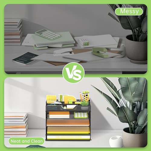 SUPEASY 5 Tier Desk Organizer, Mesh Letter Tray Paper Organizer with 4 Adjustable Storage Compartments & Pen Holder, Metal Desk Accessories for Home Office School, Black - size: 12.6" x 9.1" x 10.3"
