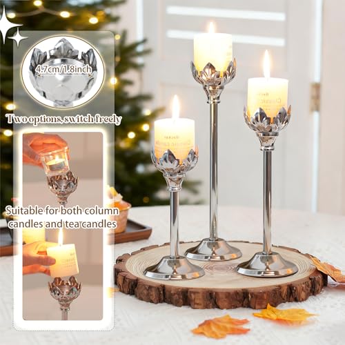 Set of 3 Metal Tea Light Candle Holder with 3 Glass Cups, 12/10/8 Inch Elegant Tealight Candelabra Centerpiece for Wedding Table Decor, Tiered Home Party Decoration (3, Silver) - color: Silver