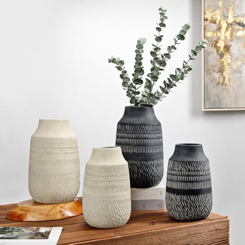 11" Rustic Farmhouse Vase with Linear Stripe, Antique Ceramic Vase Handmade in Pottery, Decorative Vintage Style for Home, Living Room, Shelf & Entryway Decor, Dark Gray - color: 11" Dark Gray