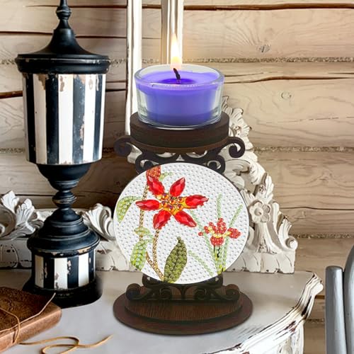 BAYUNOE DIY Candlestick Holders Wooden Desktop Diamond Art Painting Candle Holder Double-Sided Diamond Vintage Modern Decorative for Table Mantel Wedding Dinning Party-Flower - color: Flower