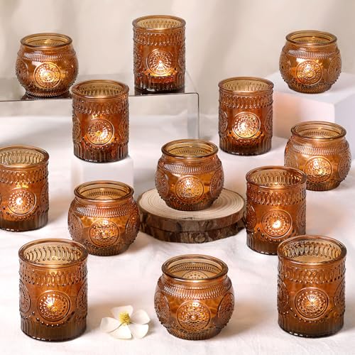 DARJEN 24Pcs Amber Votive Candle Holders - Vintage Glass Candle Holder, Candle Holders Bulk for Wedding & Home Decoration, Tea Lights Candle Holders for Festival Party Gift - color: Amber