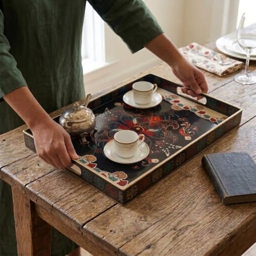 15.8" x 11.8" Black Plastic Serving Tray with Handles, Bohemian Folk Art Bird & Mandala Pattern with Gold Trim, for Ottoman, Coffee Table, Vanity - color: Bohemian Folk Art Bird & Mandala Pattern