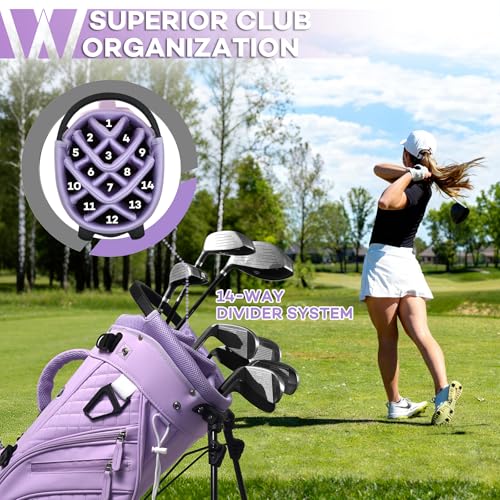 Luxury Womens Golf Bag, PU Leather Golf Stand Bag for Women/Ladies, 14-Way Full-Length Top Dividers, Ultra Lightweight, Large Pockets for Accessories - color: Lavender