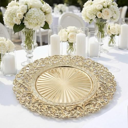 13inch Round Gold Charger Plates,Plastic Plate Chargers Set of 8,Chargers for Dinner Plates,Gold Plates for Wedding,Party,Event Decoration - color: Hollow Gold