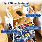 YCY Night Stand with Charging Station, LED Nightstand with USB Ports and Outlets, Metal Frame Side Table with 3 Fabric Storage Drawers, End Table for Bedrooms Living Room,White and Blue