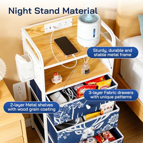 YCY Night Stand with Charging Station, LED Nightstand with USB Ports and Outlets, Metal Frame Side Table with 3 Fabric Storage Drawers, End Table for Bedrooms Living Room,White and Blue